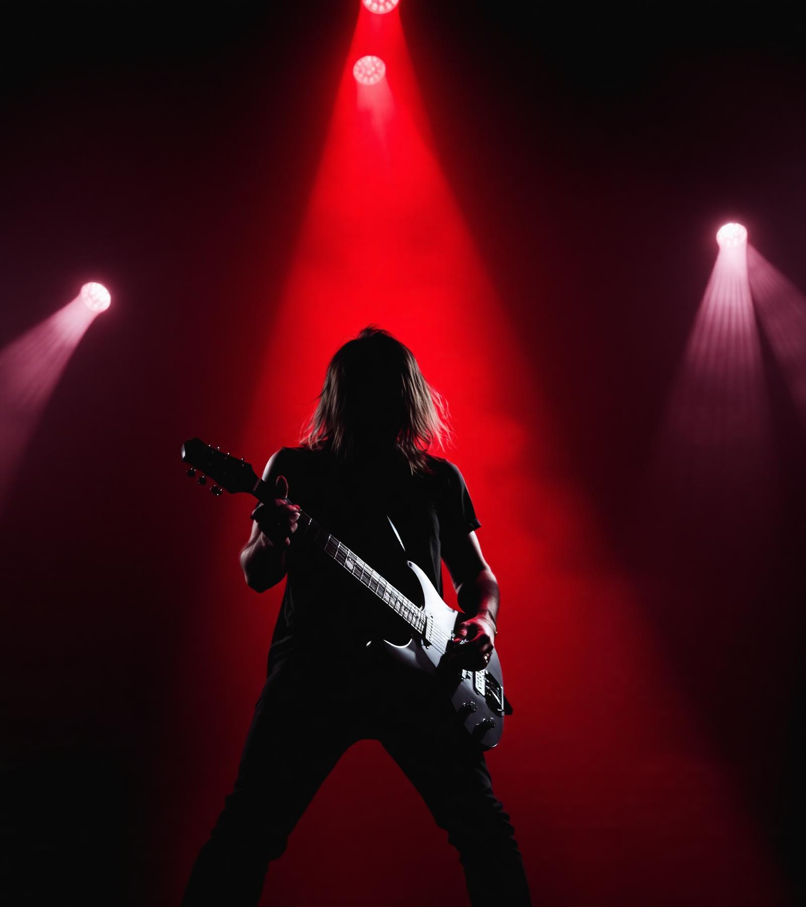 Guitarrista de rock em ação sob luz vermelha dramática
